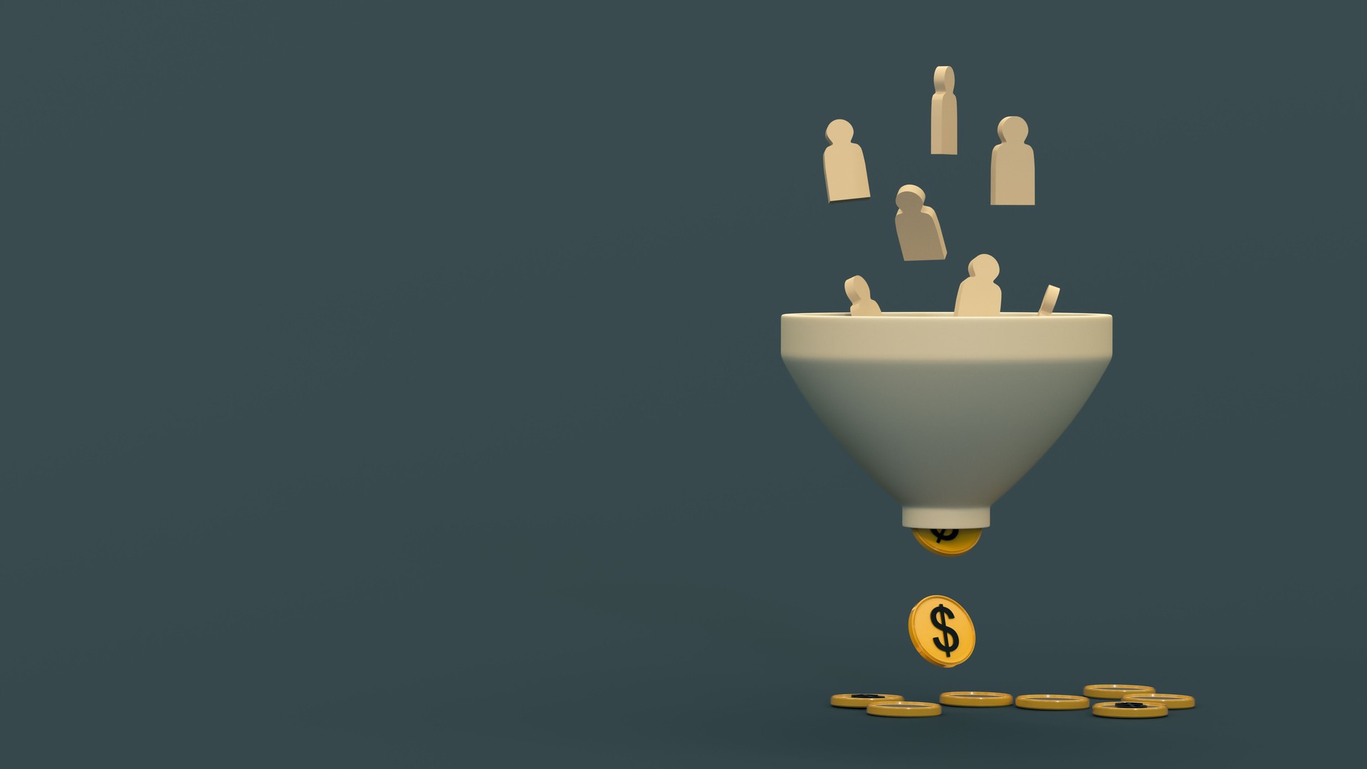 Figures of people fall into a funnel and turn into coins. Sales funnel. Money funnel. Marketing and attraction. 3D rendering. Place for text and logo