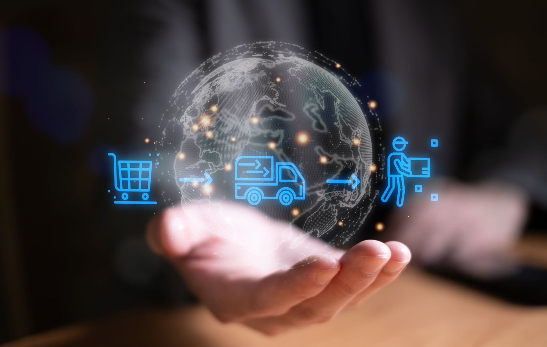 Business person point and manage online e-commerce business automation logistic supply chain in online dashboard. Global worldwide logistic management for online shopping with warehouse inventory.